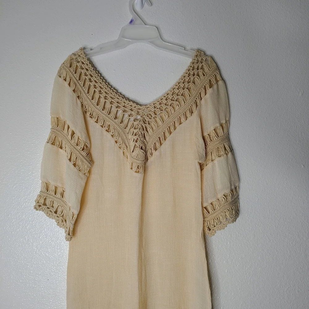 Boho Beige Crochet Mesh Midi Dress Cover Up S/M Solid Neutral Festival Beach - Picture 10 of 15